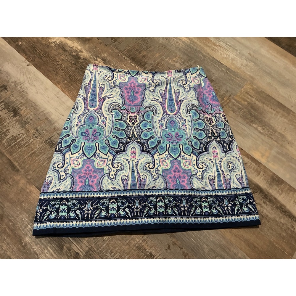 Talbots Womens Size 8 Blue Purple Paisley Print A-Line Lined Side Zip Skirt